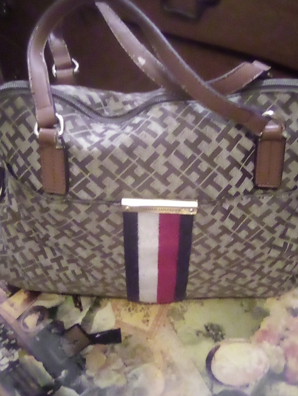 Tommy Hilfiger Brown Signature Monogram Shoulder Bag with Tricolor Stripe